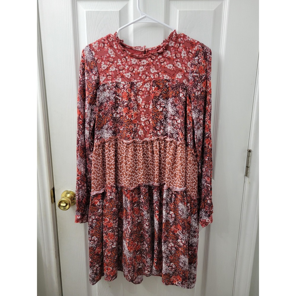 Maeve Anthropologie Floral Patchwork Tiered Mini Dress Red Orange XS Long Sleeve